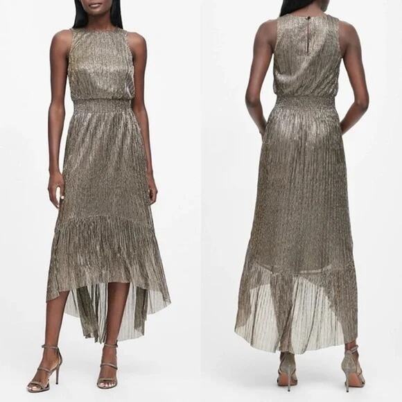Banana Republic Metallic Sleeveless Hi Low Maxi Dress Size 8 Gold Brown - Picture 10 of 10